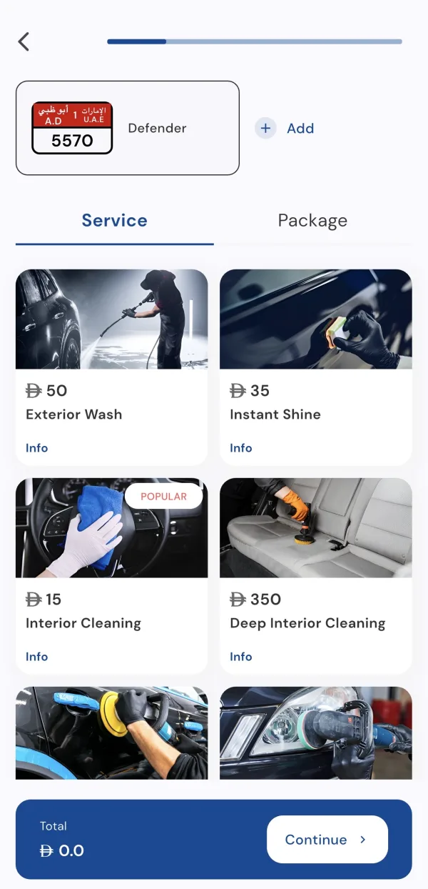 On My Way App - Service Selection Screen showing car wash options and prices